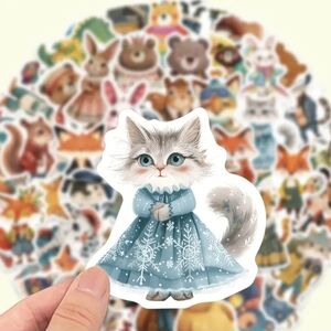 Adorable Cat Sticker in Blue Snowflake Dress